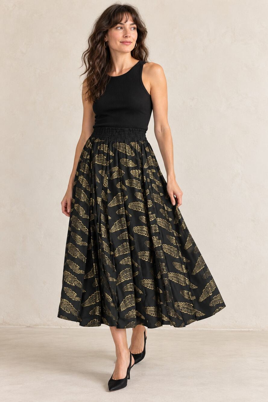 Vintage 80's Diane Fres Black & Gold Lame Leaf Design Pleated Maxi Skirt sz L/XL